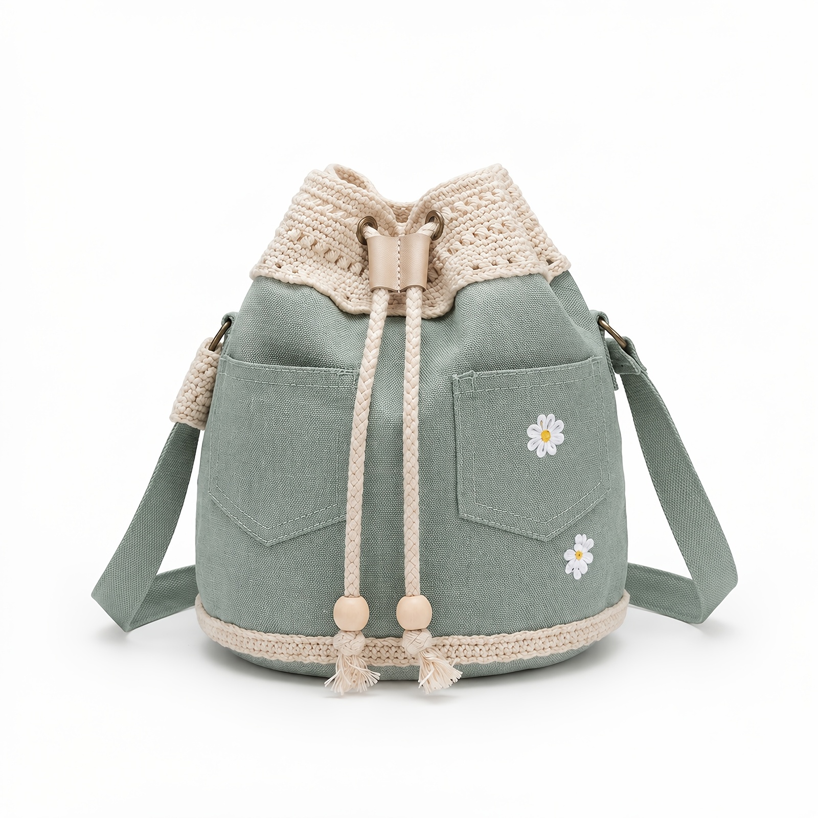 Image of 1pc Crochet Bucket Bag, Drawstring Crossbody Shoulder Purse | Boho Handbag For Women, Casual Vintage Tote Bag With Adjustable Strap For Travel, Shopping, Beach & Daily Use