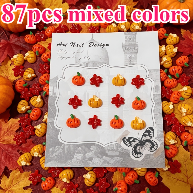 TEMU 47/87 pièces Lot de Bijoux en Résine Citrouille et Feuille d'Érable à Fond Plat, Convient pour la Décoration d'Ongles d'Automne, Thanksgiving,