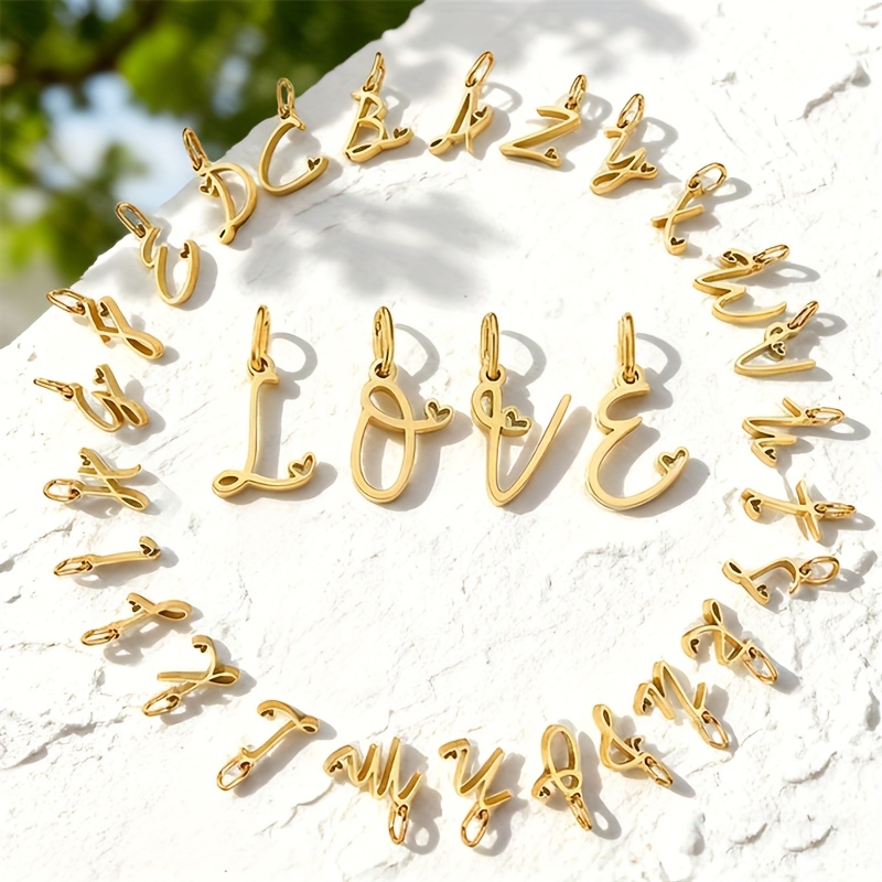 26pcs Heart-Shaped English Alphabet Charms, Stainless Steel Set