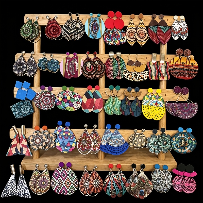 TEMU 10 Pairs Wholesale Fashion Vintage Bohemian Style Colorful Wooden Women's Pendant Earrings, Stylish And Unique Teardrop Geometric Dangle