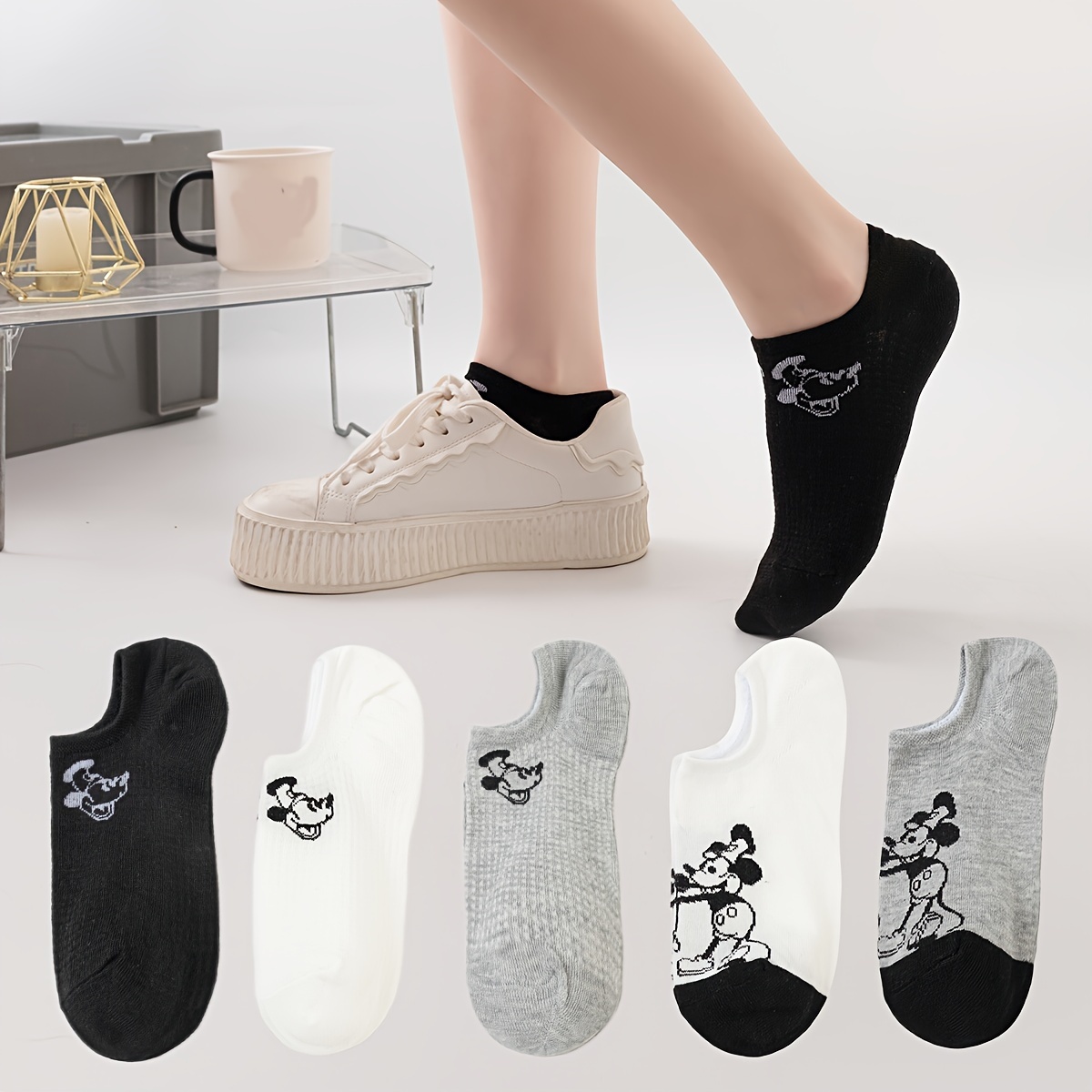 TEMU 5 Pairs Women's Ankle Socks Set, Classic Black White Mouse Cartoon Design, Cotton Short Socks For Ladies