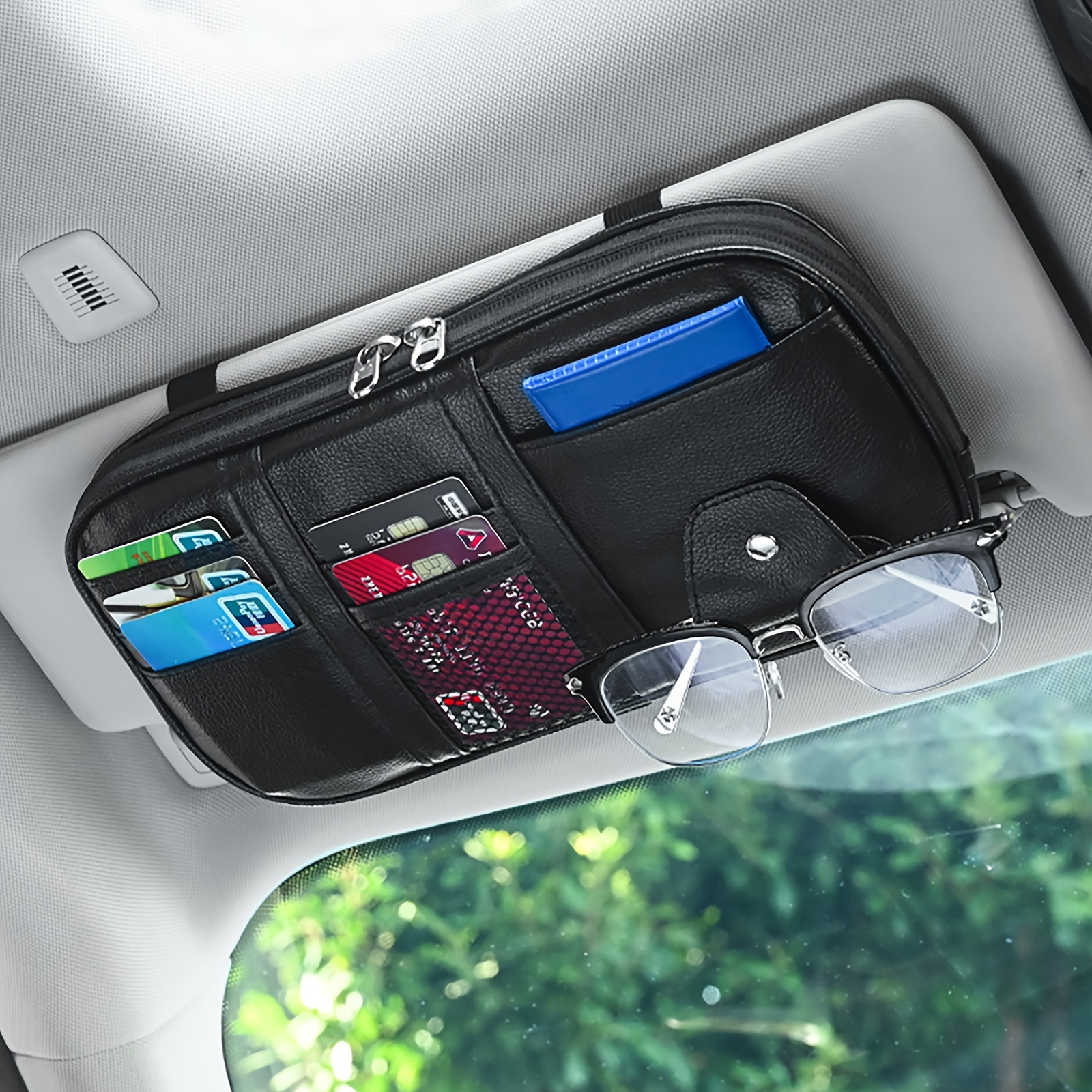 TEMU 1pc -functional Car Sun Organizer With - Storage Bag For Cards, License, Data Cables & Clip