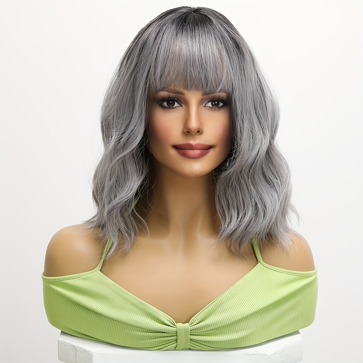 

16 Inch Synthetic Gray Banged Synthetic Curly Wig With Heat-resistant Hair, And Easy To Shape, Party Halloween Dressing