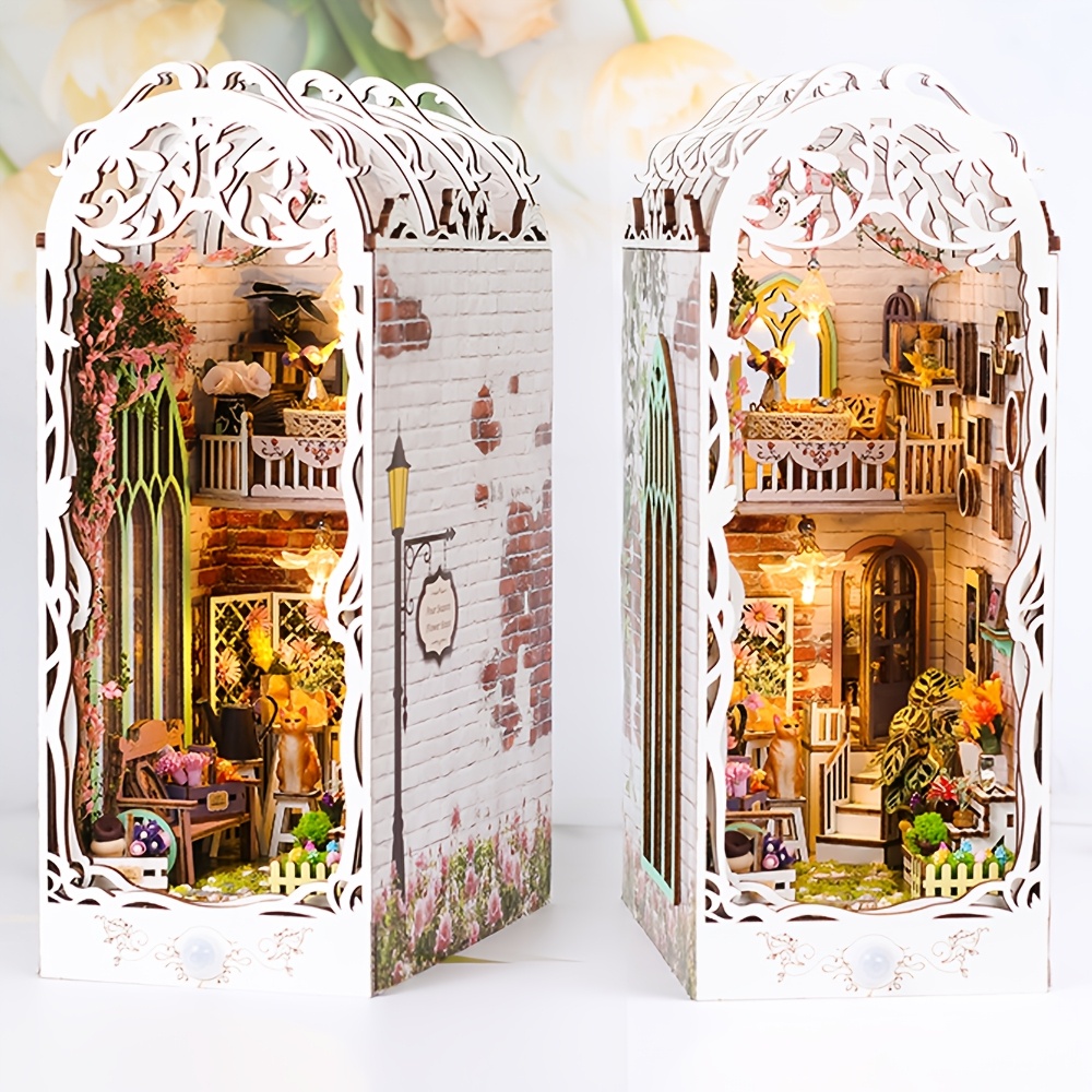 

3d Wooden Puzzle Model Kit, Creative White Floral House With , Diy Miniature Dollhouse, Architectural Scene Bookends Display, Home Decor Gift