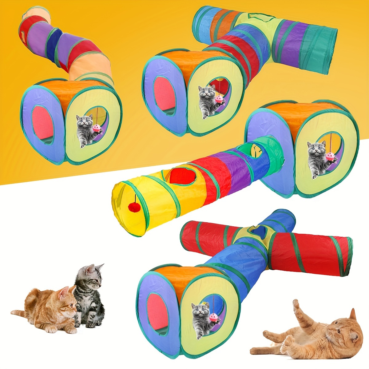 

3-way Collapsible Cat Tunnel Toy With Peek Hole, Interactive Play Tube For Cats, Kittens - Rainbow Patterned, Polyester Material, Multi-cat Play Tunnel Set - 2pc Set