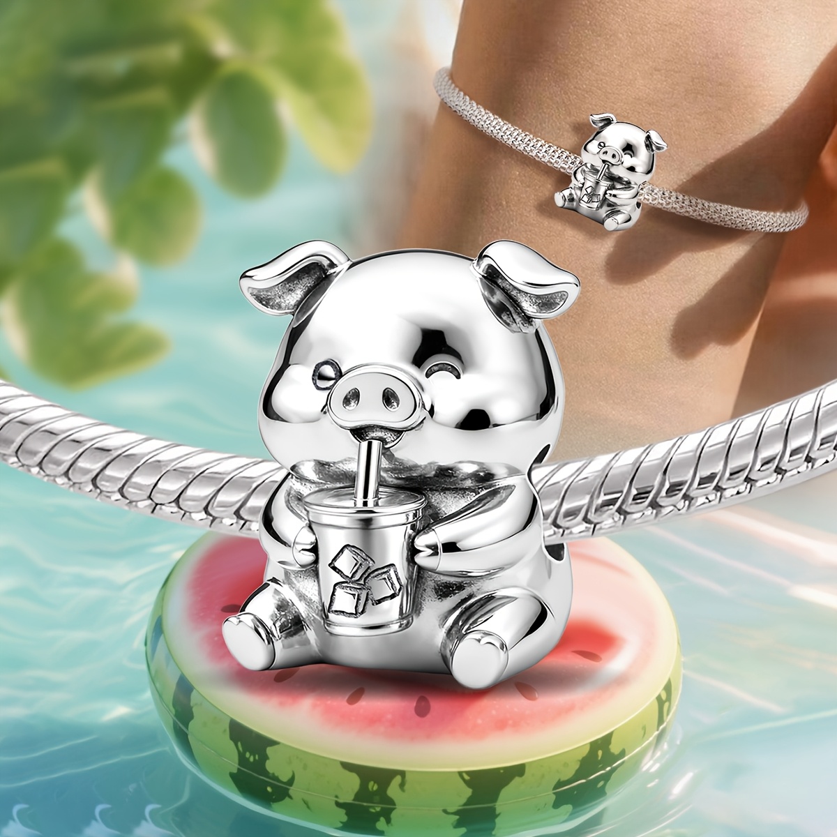 925 Silver Plated Pig Bead Charm for DIY Jewelry Making
