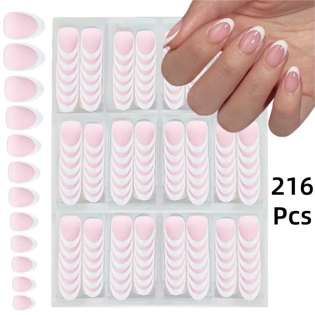 216pcs Short Oval Press-on Fake Nails, Pink And White French Tips, 12 Size Options, Minimalist Style Manicure, Elegant Nail Design, Ideal For Women