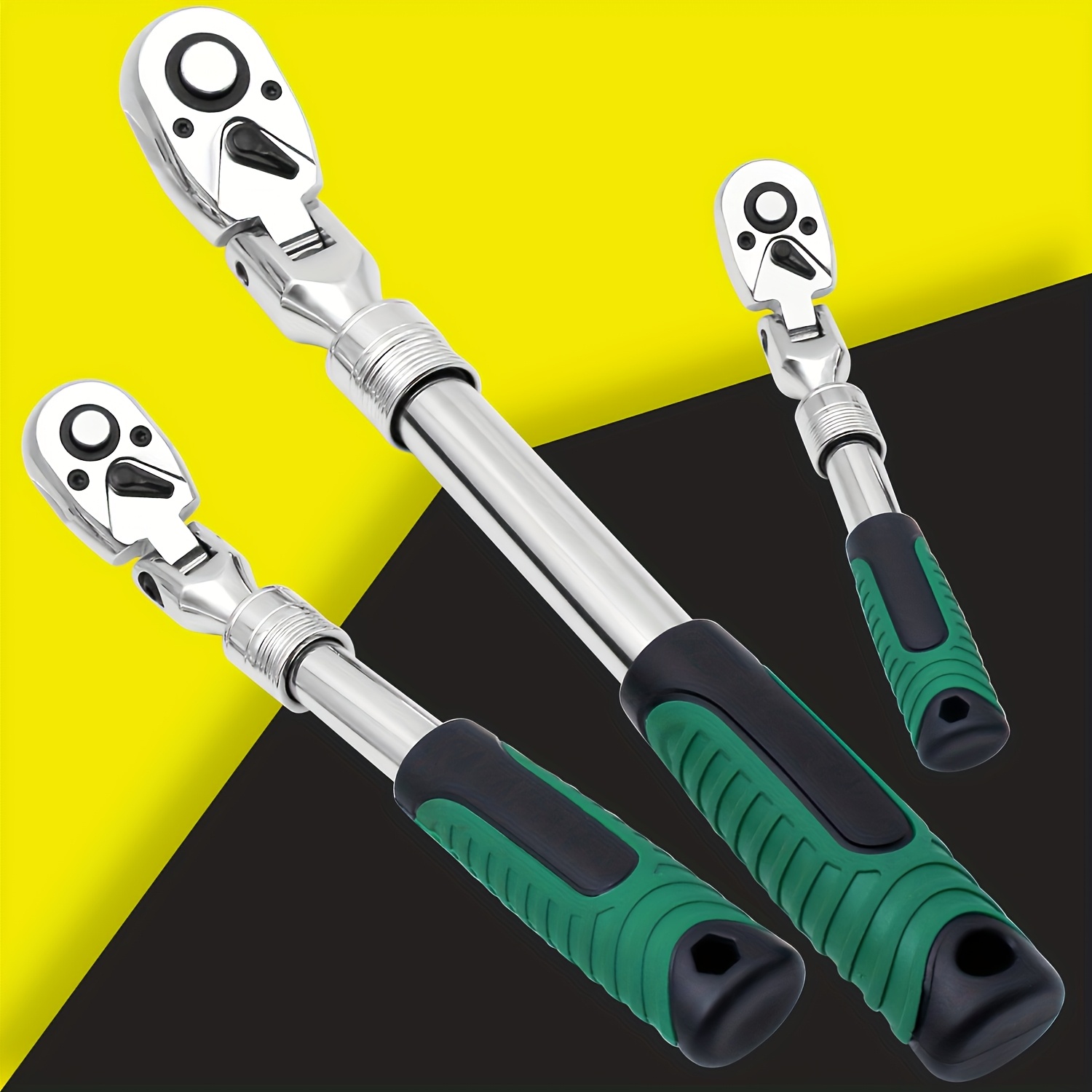 TEMU 3pcs Extendable Flex-head Ratchet Wrench Set, 1/4", 3/8", 1/2" Drive, 72-tooth, Rubber Grip, Adjustable Length - Professional Automotive And Diy