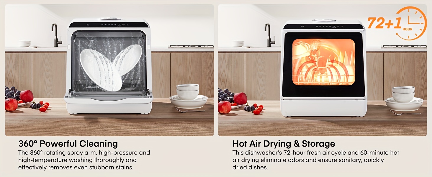 Countertop Dishwasher, No Hookup Needed, 6 Programs, Dual Spray, High-Temp & Air-Dry & Timeing Function, Portable Dishwasher Countertop with 1.32gal Built-in Water Tank, Mini Dishwasher for Home, Apartments, RVs