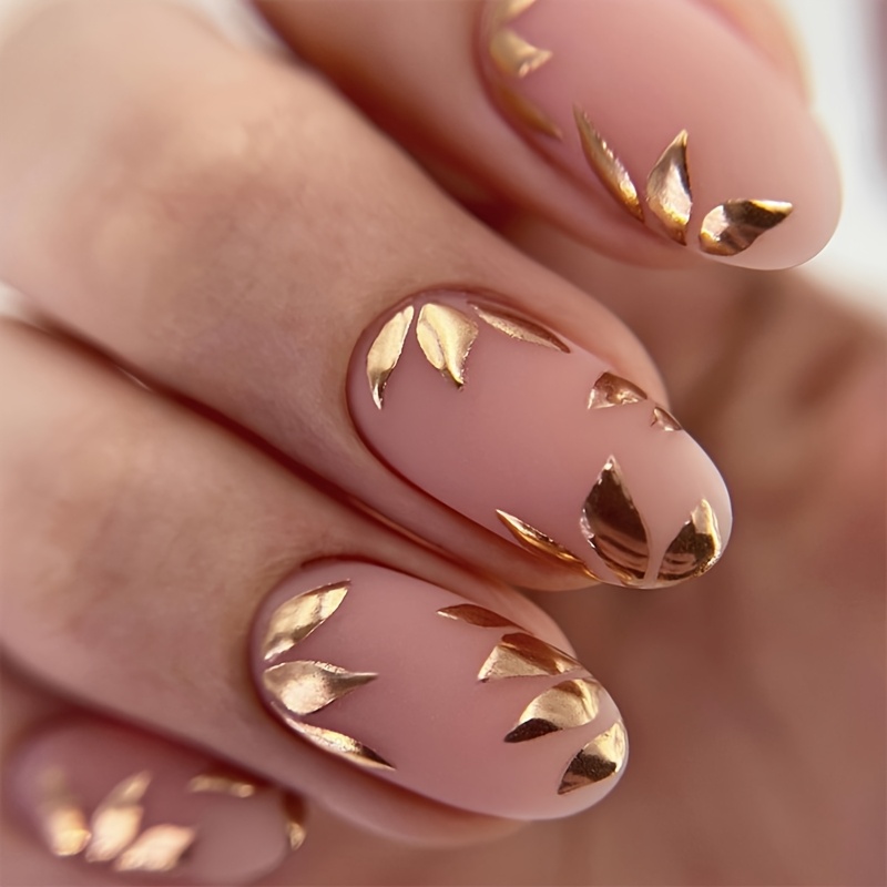 Star Wearable Nail Patches 24pcs Short Oval Manicure Wearable Armor European And American Minimalist Leaf Design Nude Fake Nails Extension Removable Armor With Jelly Glue 1 Nail File 1