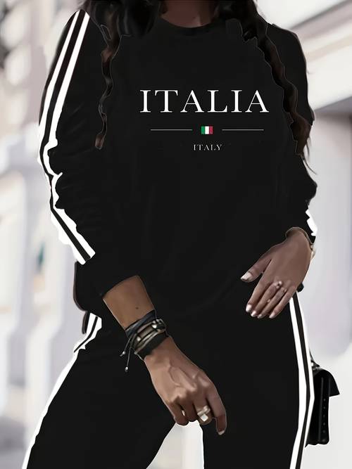 plus size elegant co ord set for women casual crew neck sweatshirt and track pants with geometric pattern and braid detail 100 polyester knit fabric non stretch autumn winter