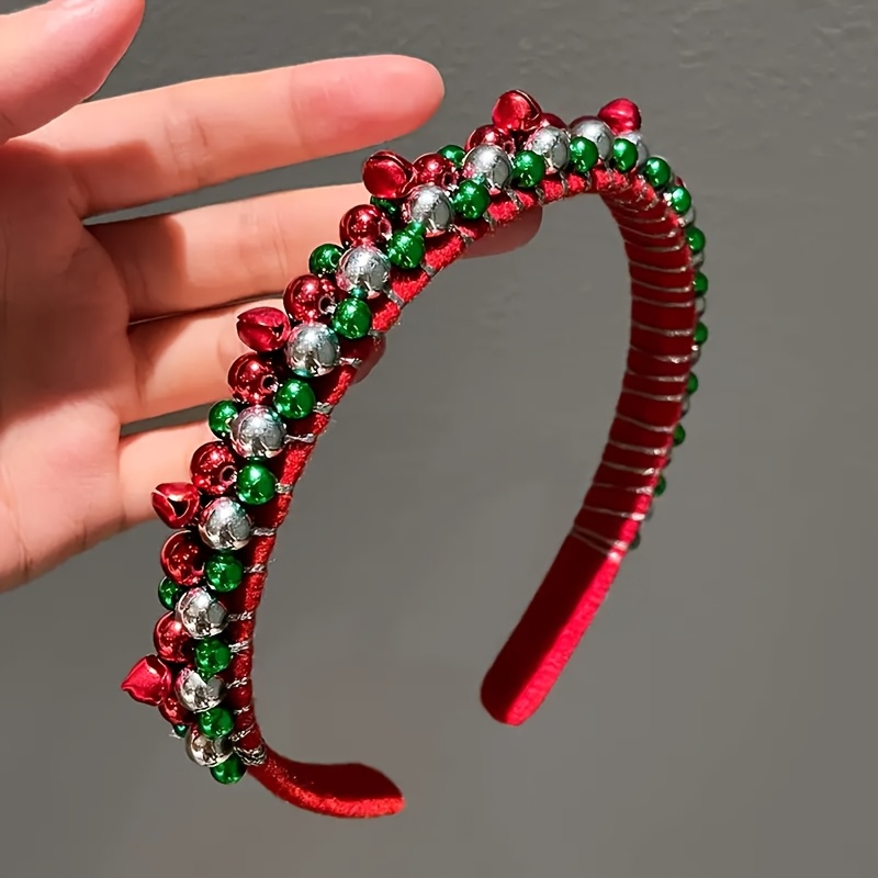 TEMU 1pc Festive Christmas Headband, With Red And Green Beadwork, Golden Accents, And Bell Pendants—handcrafted Polyester Fiber Party Accessory,