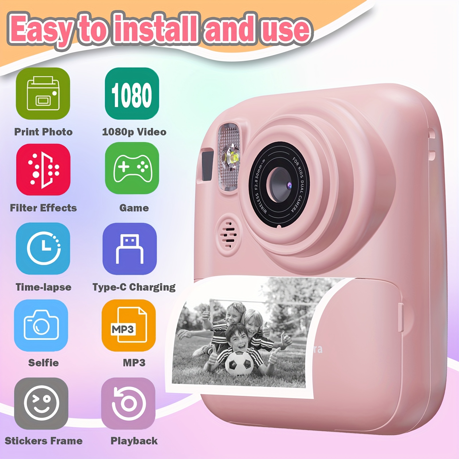 New Instant Print Camera, 1080P 2.4 Inch Screen Super Cute Instant Camera With 3 Rolls Print Paper & 32GB Card, Digital Camera Kids Gift For Kids 3-12 Years, Perfect Holiday Gift For Girls/Boys, Birthday Gift.