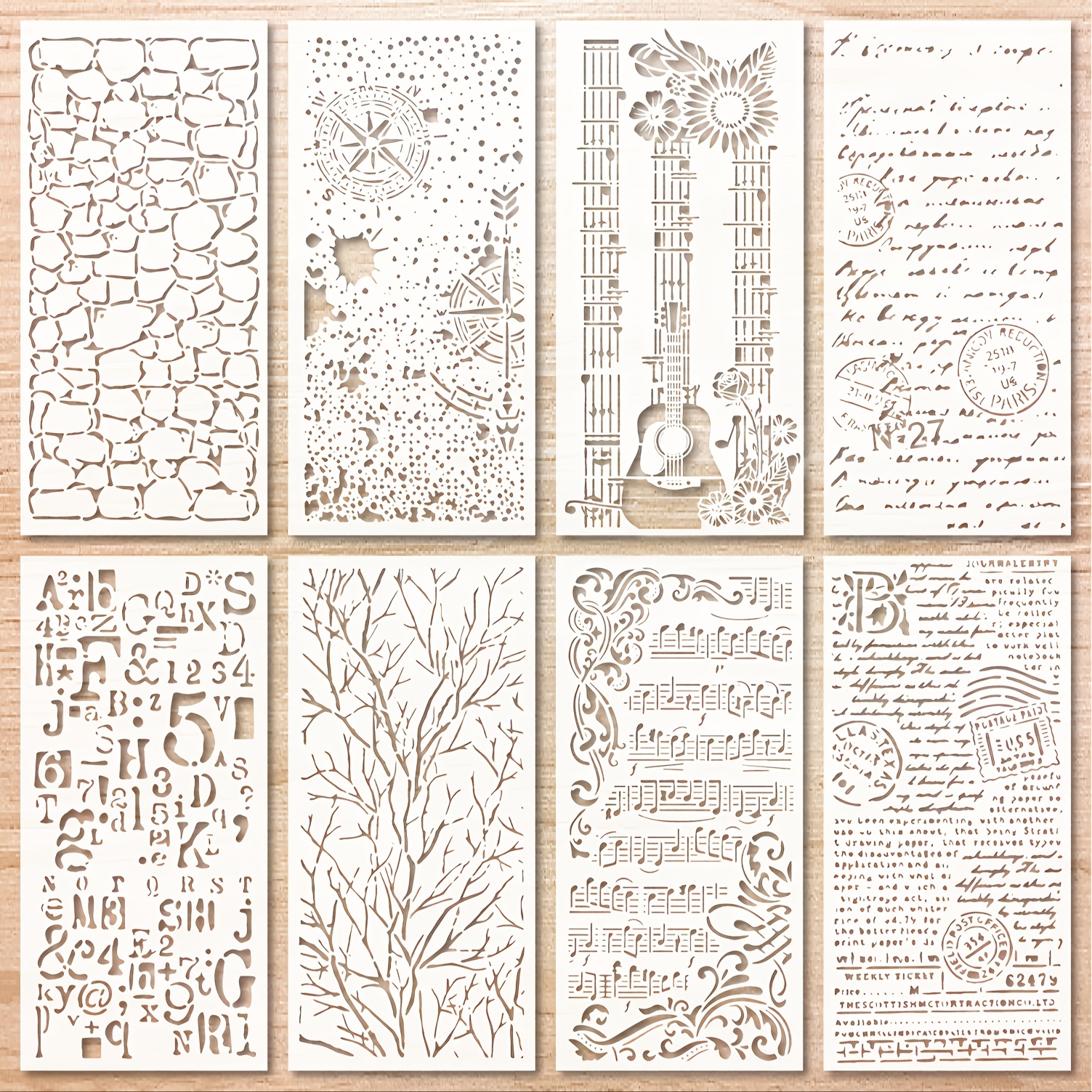 

8pcs Vintage Series Stencil Set, Universal Plastic Reusable Templates, Polyethylene Terephthalate, For Diy Scrapbooking, Card Making, Albums, Crafts, Musical Notes & Floral Texture Designs