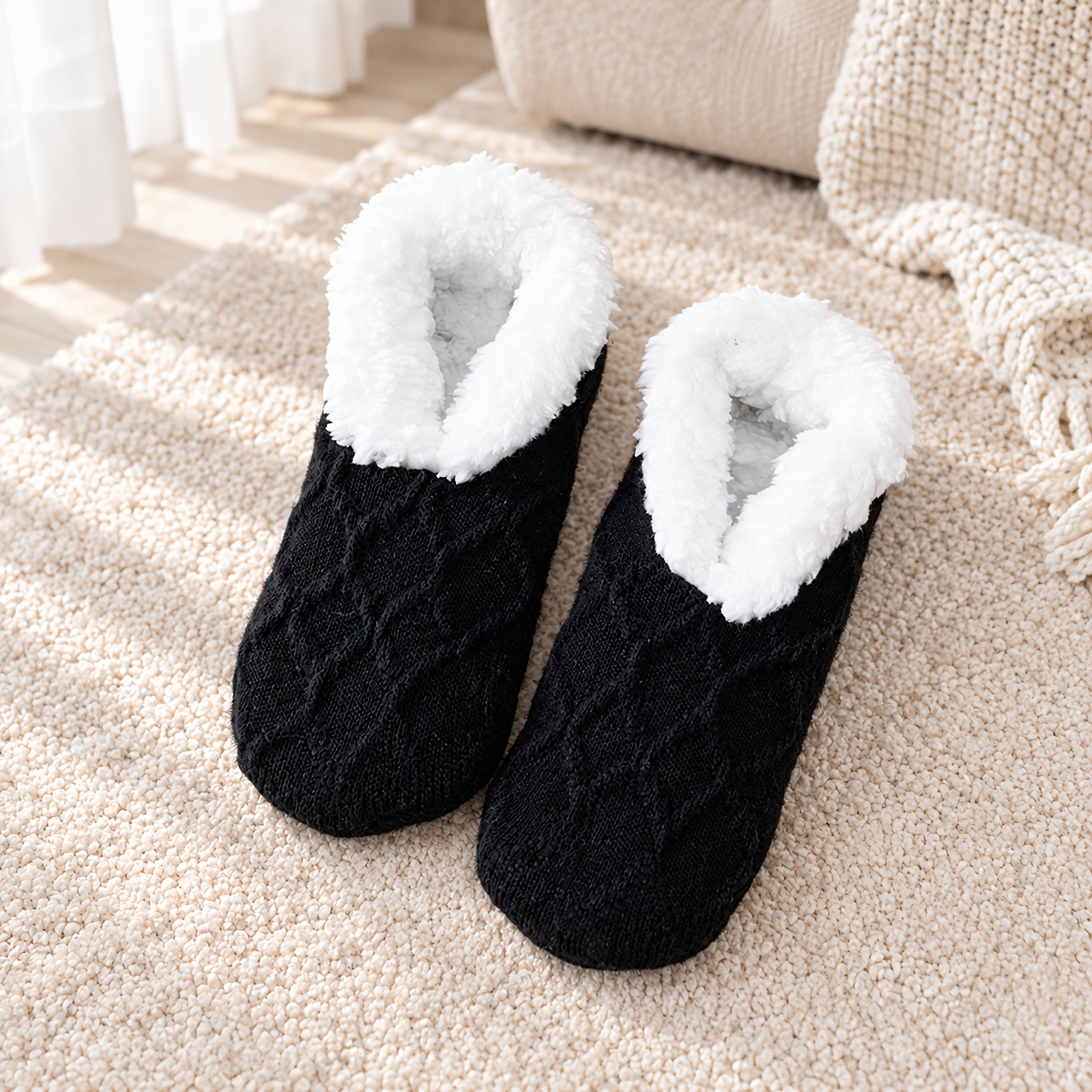 TEMU 1-pair Women's Thermal Floor Socks With Plush Lining & Non-slip Sole - Thick Warm Winter House Slippers Suitable For Bedrooms, Wood Floors, Soft