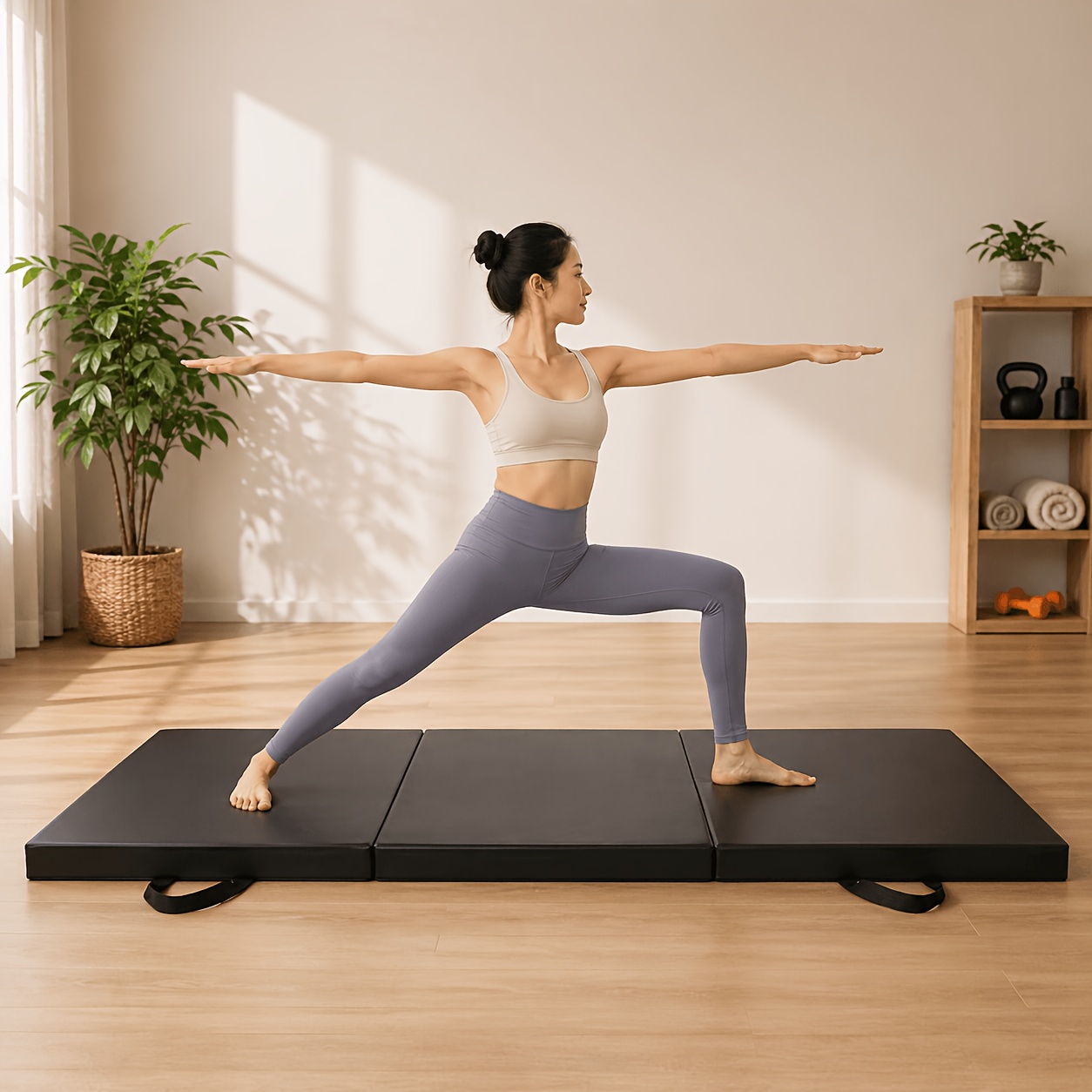 3-Fold Thick Exercise Mat, Foldable Non-Slip Shock-Absorbing Yoga Mat with Carry Strap, Multi-Purpose Gymnastics & Fitness Mat for Home Workouts, Pilates, Dance Practice, And Casual Use