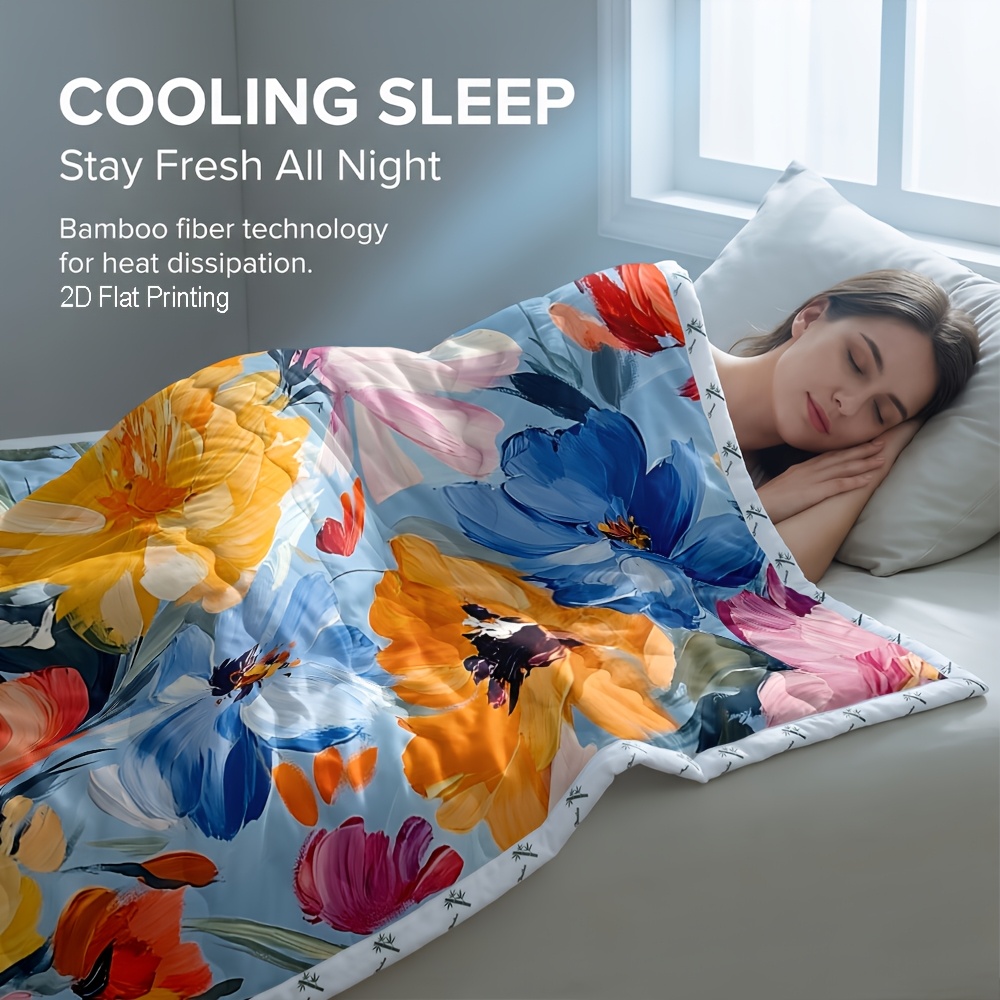 TEMU 1pc Bamboo Reversible Cooling & Warm Summer Comforter, Cooling Comforter, Floral Printed Summer Bedding, Switchable Temperature Control,