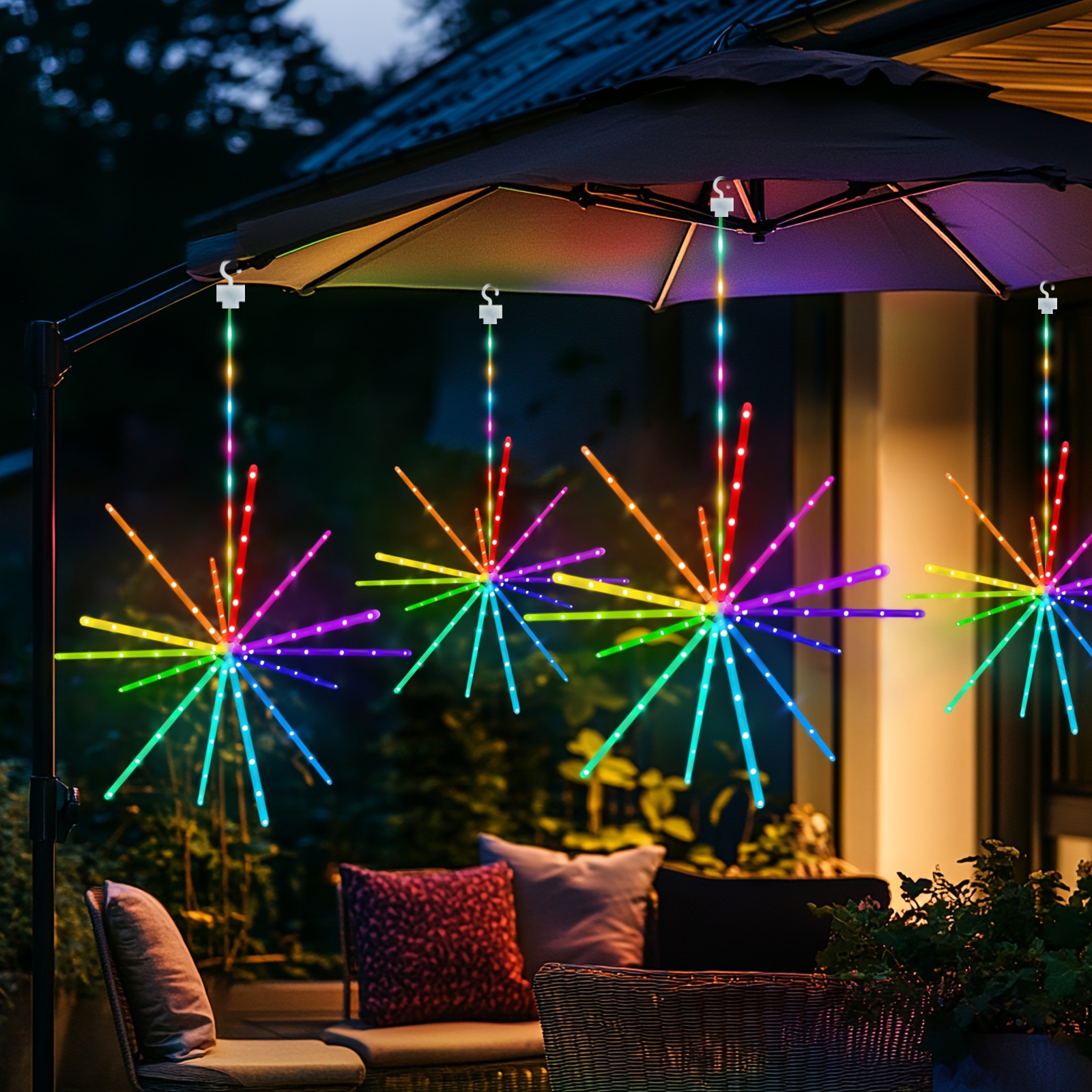 TEMU Outdoor Rgb 16 Colors 3pcs Hanging Starburst Lights Fireworks Lights 342led Meteor Lights With Remote Control 84 Lighting Courtyard Aisle Garden