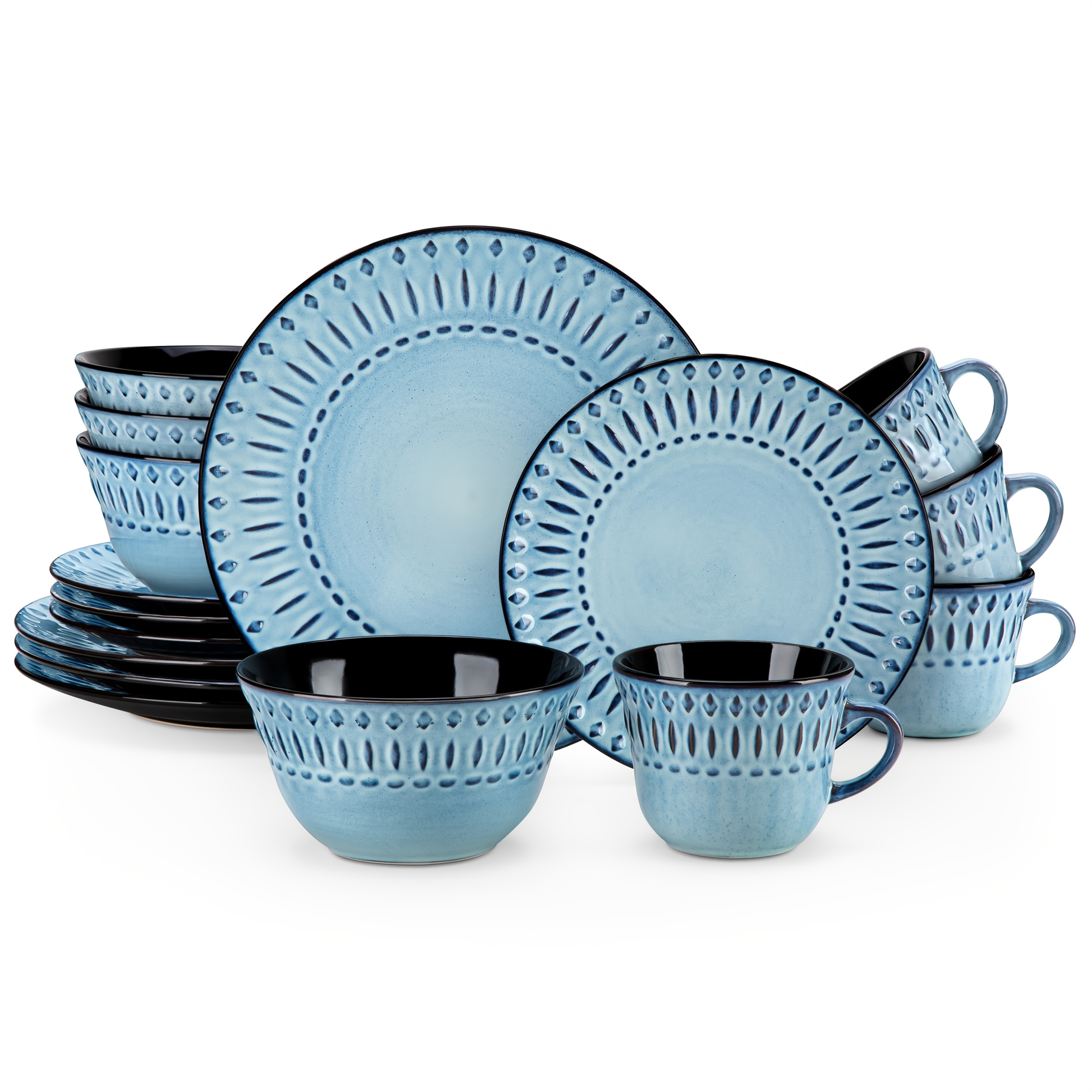 16pcs Dinner Set Blue Stoneware Embossed Plate Bowl Set Tableware With Dinner Plate Dessert Plate Mug And Cereal Bowl Service For 4, Best For Christmas