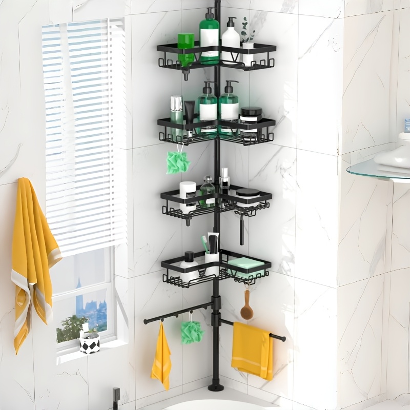 TEMU Barre télescopique noire Sky High, étagère de rangement de douche à 4 niveaux en acier inoxydable, taille réglable de 25 à 115 pouces ( 63,5 à