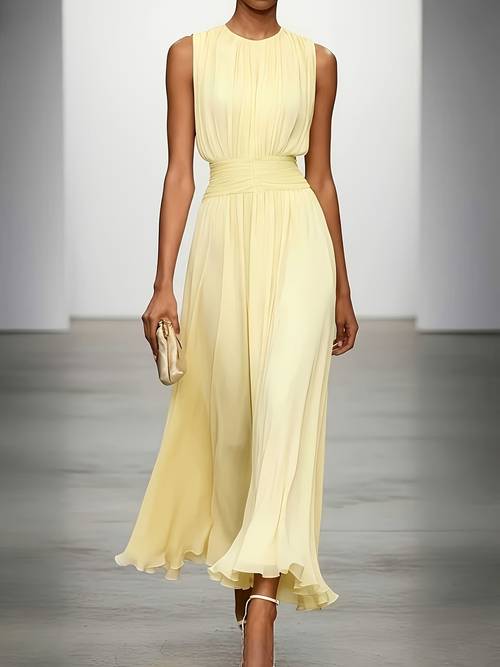 elegante zomerjurk in franse zonder mouwen van chiffon, taille-accentuerende midi-lengte, zacht pastelgele sprookjesjurk voor zomerse woon-werkverkeer, dates, bruiloften, bruidsmeisjeskleding, vakanties, reizen en stranduitjes