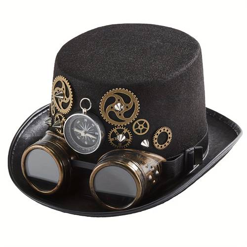 neutral steampunk hat black top hat compass explorer rivet gears goggles removable photography prop stage performance hat halloween cosplay prop