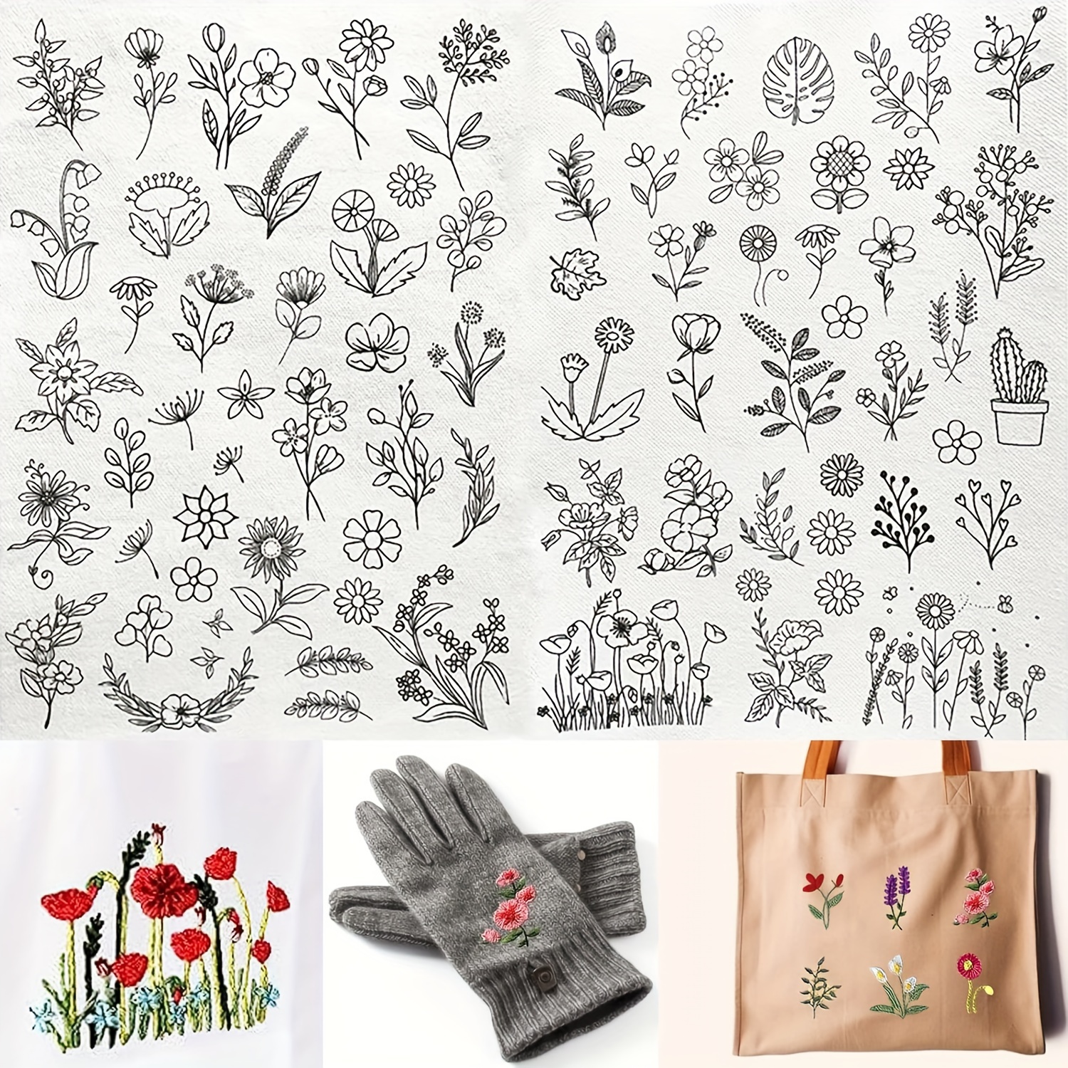 

2 Full Sheets Of Floral Patterns - Stick And Embroidery Paper: Water Soluble For Hand Sewing - Flower Designs For Embroidery Projects