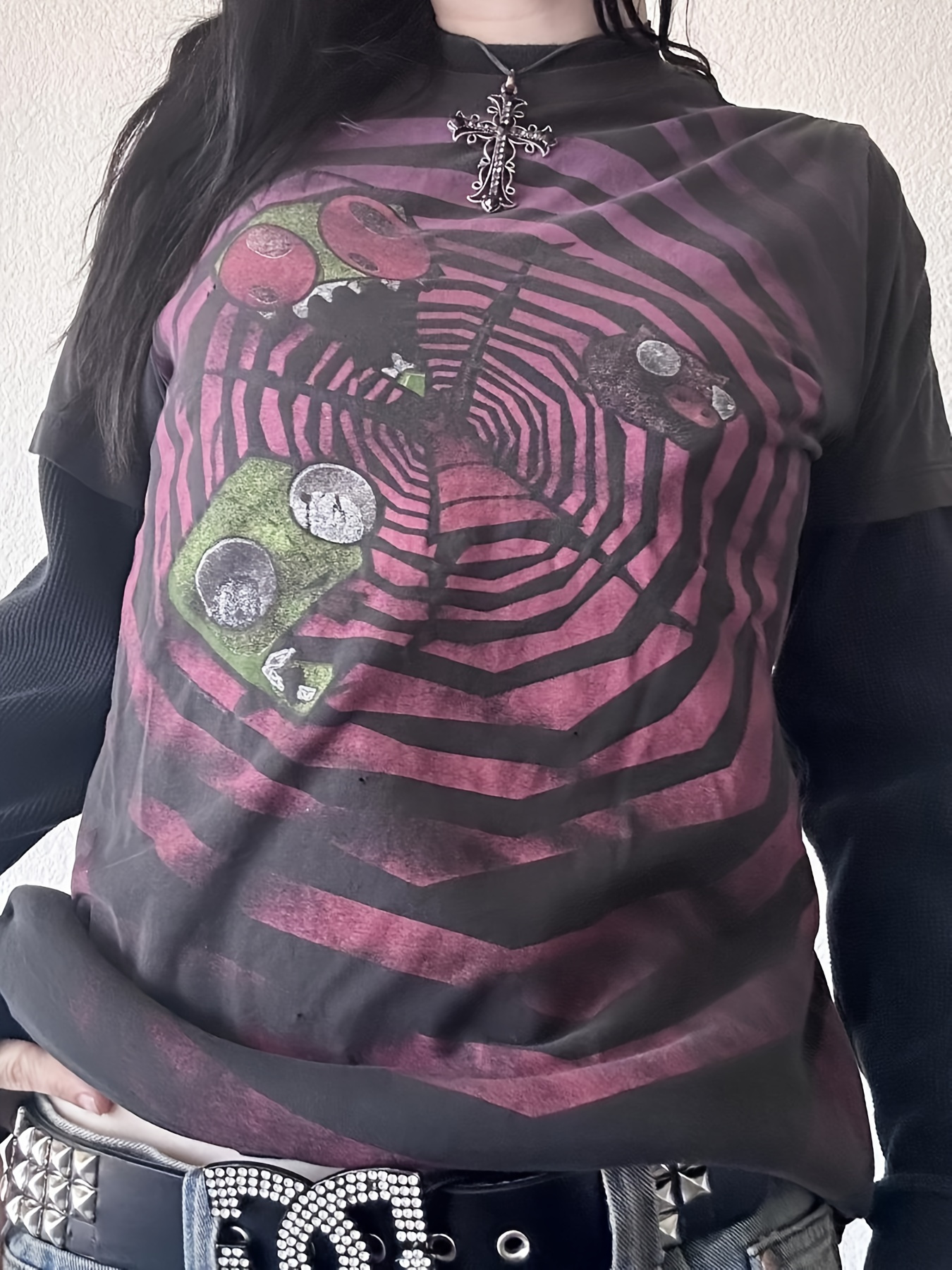 skull 00s print long sleeve y2k スワロフスキー Cyber Grunge Long Sleeve Top - Y2K E-girl Graphic Tee