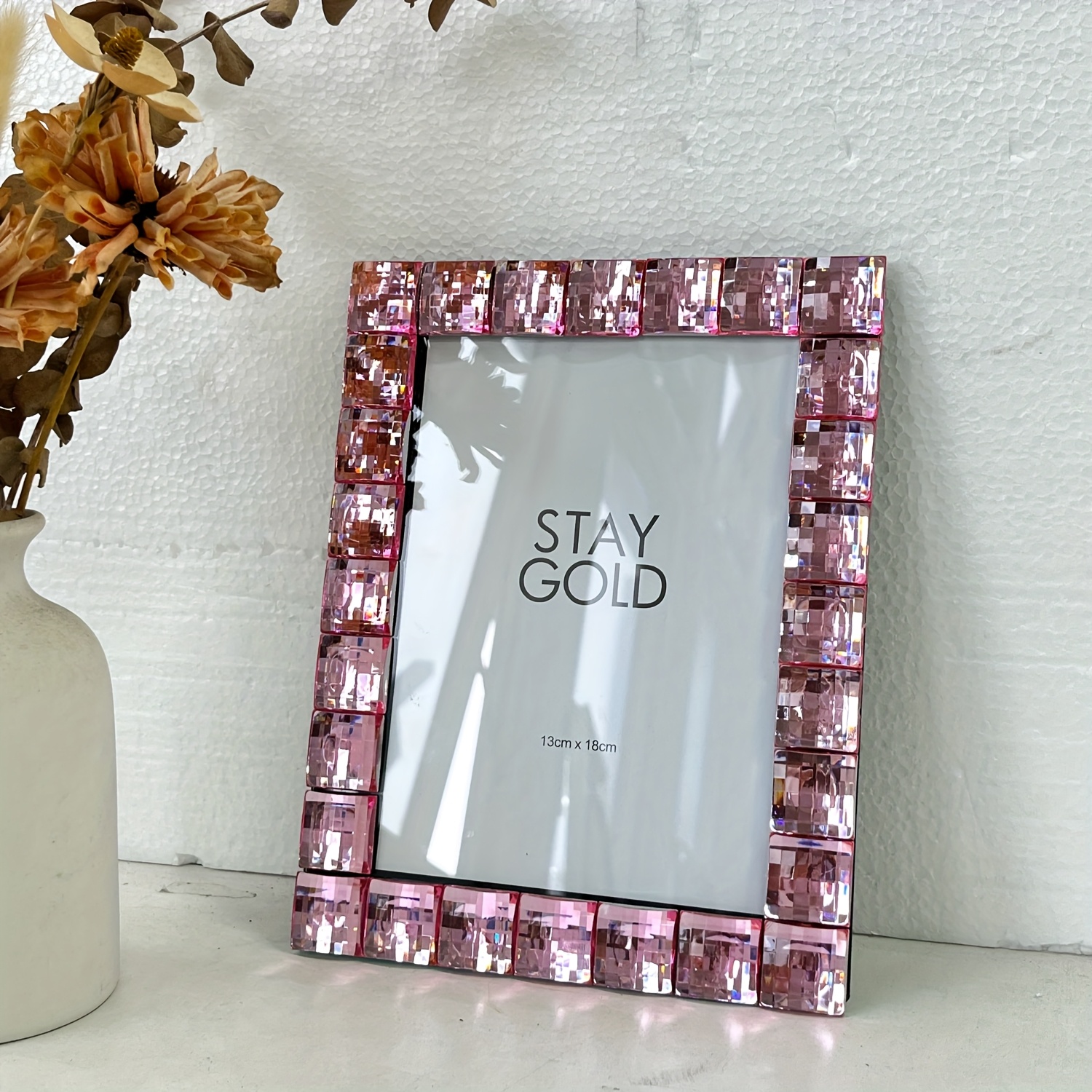 A Crystal-studded Photo Frame, In Pink And Silvery, Suitable For 5x7 And 4x4 Inch Photos, Perfect For Home Decoration And Festive Occasions Like Christmas, Halloween, And Valentine's Day.