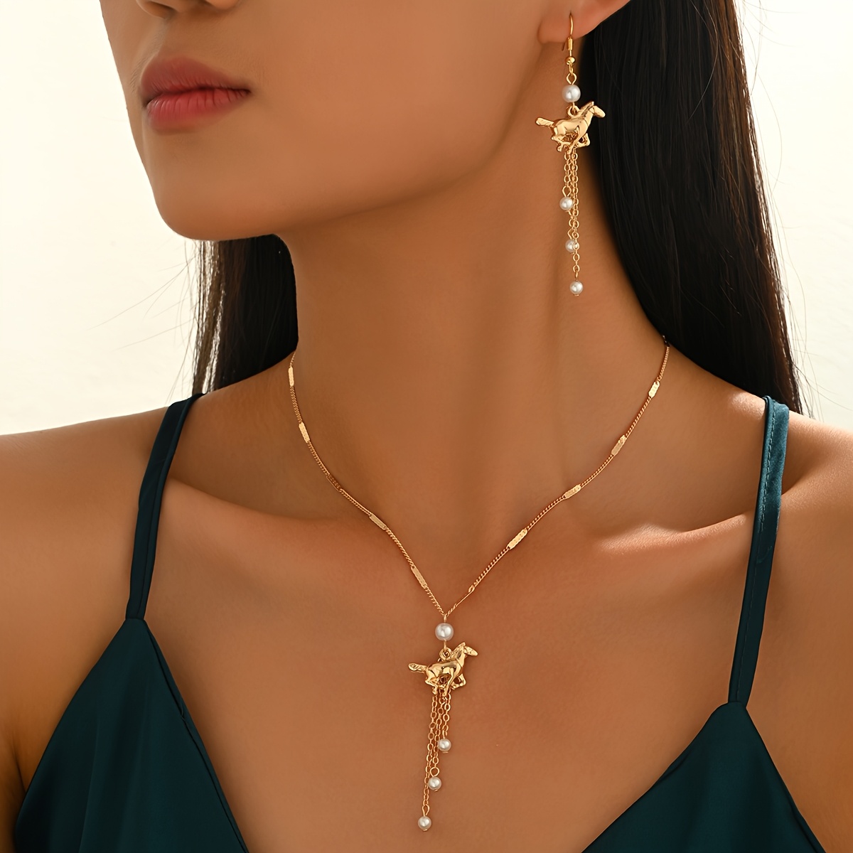 TEMU 2pcs Set: Exquisite And Sweet Golden Pony-shaped Stud Earrings And Necklace Set With Multiple Tassel Chains And Decorations. Suitable For Daily