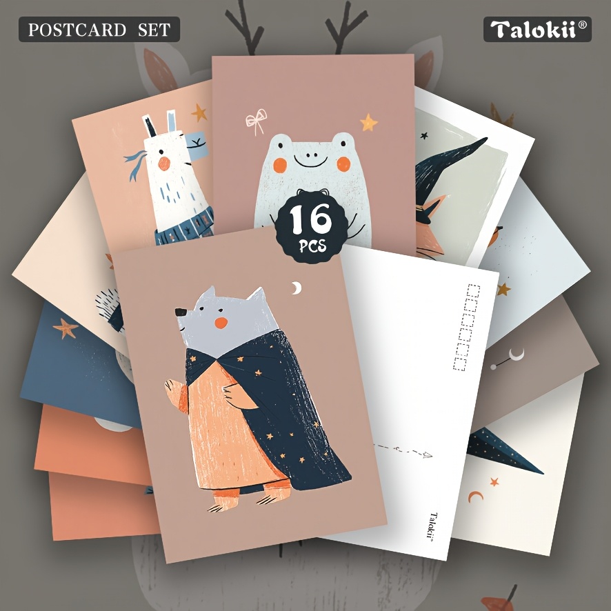 TEMU 16pcs Whimsical Cute Animal Postcard Set, Featuring Bear, Frog, Llama, And Cat Designs With Star And Moon Accents, Postcard Set For Sending