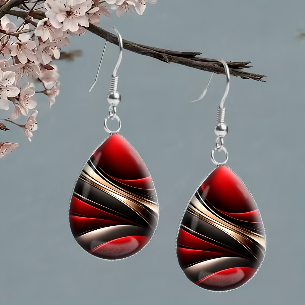 TEMU Women's Teardrop-shaped Red, Black, And Golden Abstract Pattern Earrings - Easy And Elegant Style, Suitable For Everyday Wear And As A Gift