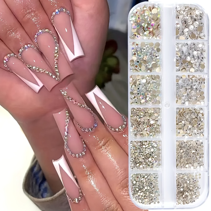 Of 12 Grids White Drill + Ab Nail Rhinestone Set Flat Back Synthetic Gemstone 3d Glitter Manicure Charms For Diy