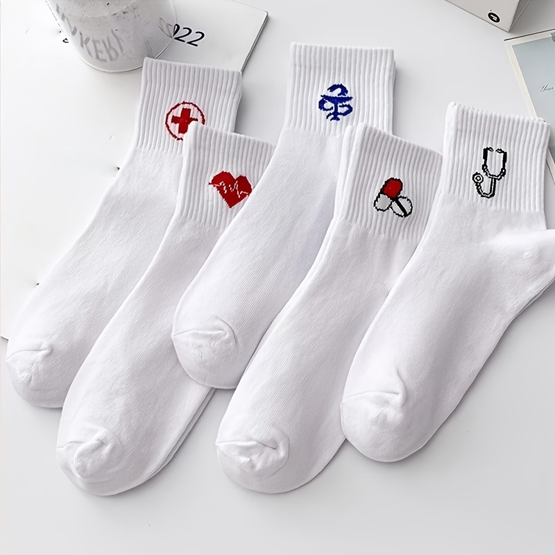 5 Pairs Of White Mid-calf Socks For Doctors And Nurses, Professional Casual , Durable And Stylish Socks