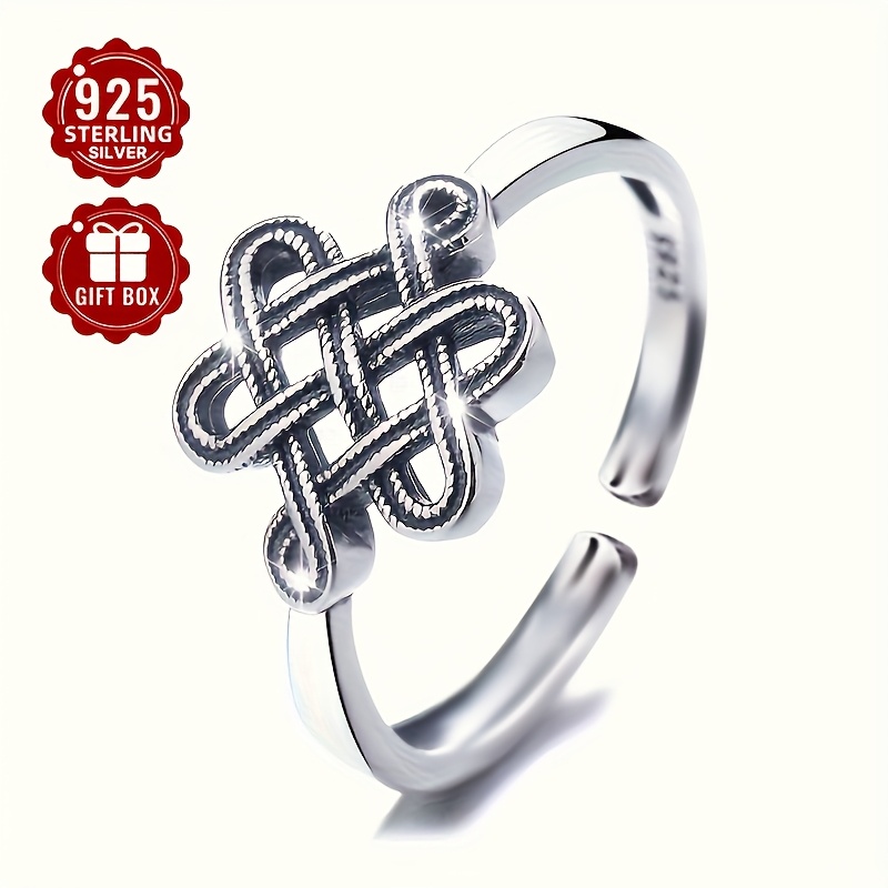 S925 Sterling Silvery Lucky Chinese Knot Adjustable Ring