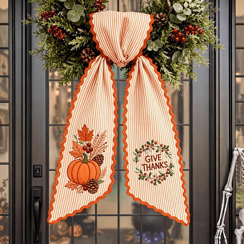 TEMU 1pc Bow Door Hanging With Pumpkin Illustration And Elegant Stripe Style, Seasonal Decoration For Halloween Christmas Home Entryway