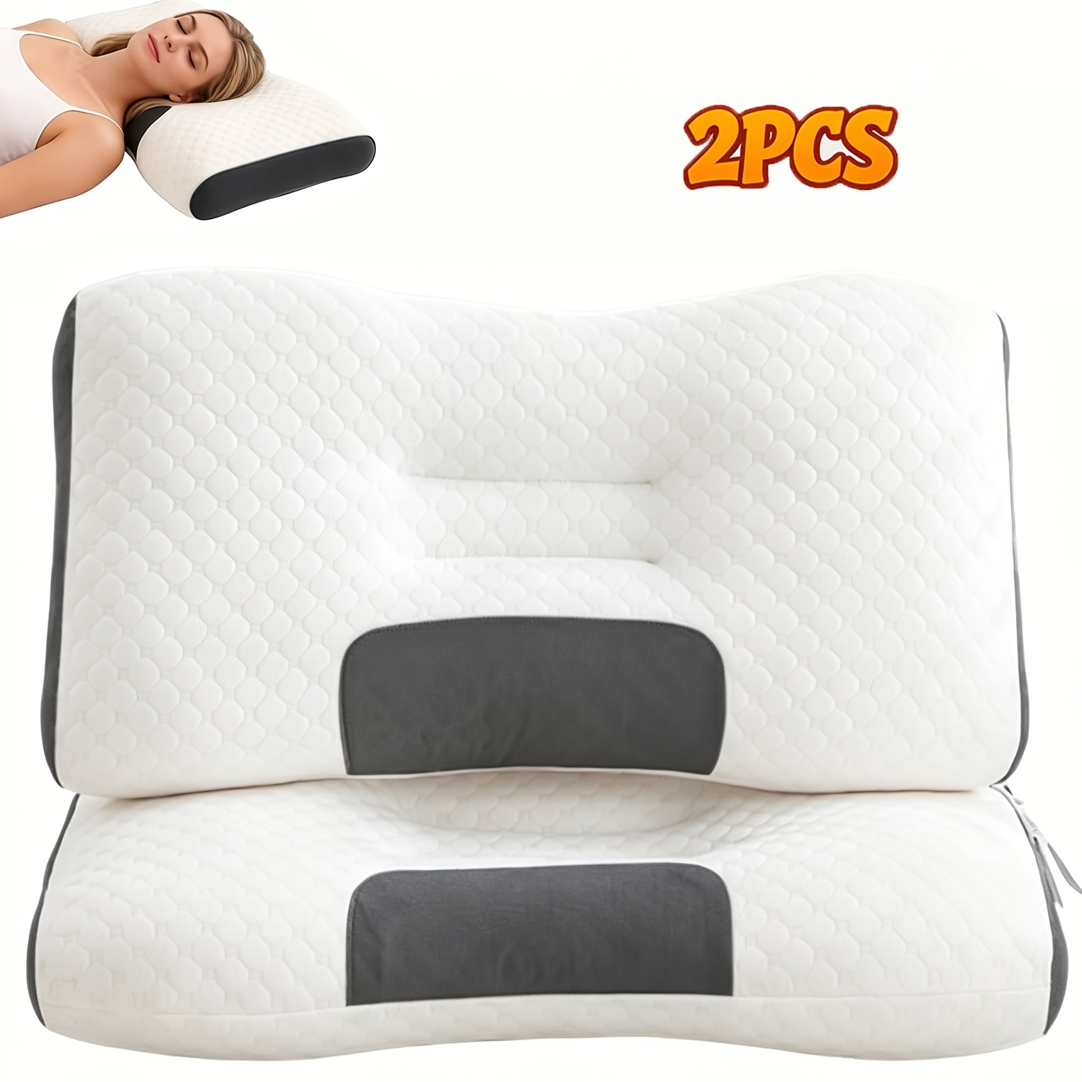 Image of 2pcs Premium Adult Neck Pillows Soft Bed Pillows For Good Sleep, Exquisite Design Comfortable Bed Pillows, For , Ideal For Insomniacs, White