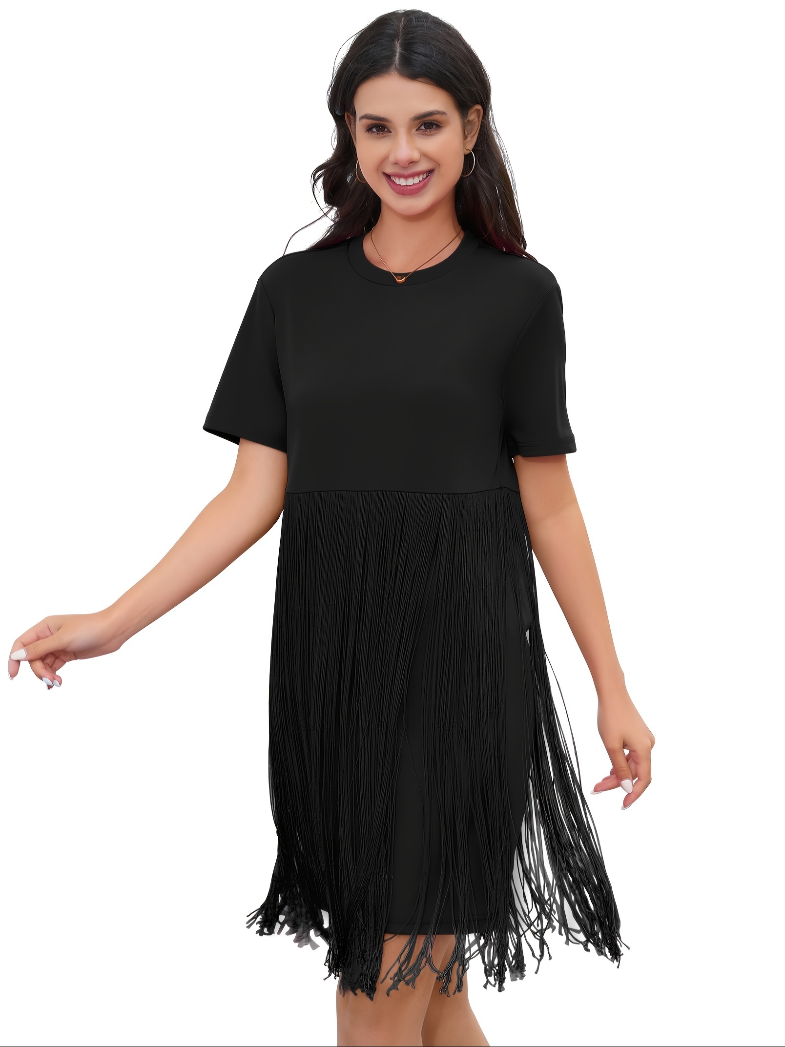 womens casual short sleeve t shirt dress fringe detail knee - Temu