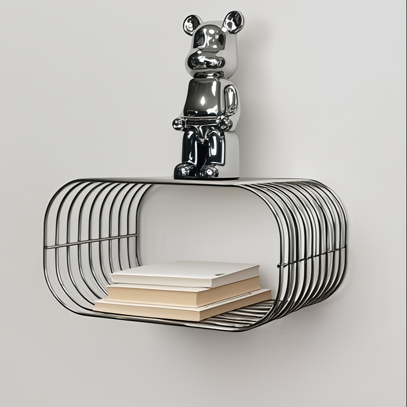 Metal Premium Silvery Sofa Side Table Living Room Home Wall-mounted Bookshelf Modern Easy Creative Bedside Table Corner Table, Floating Shelves