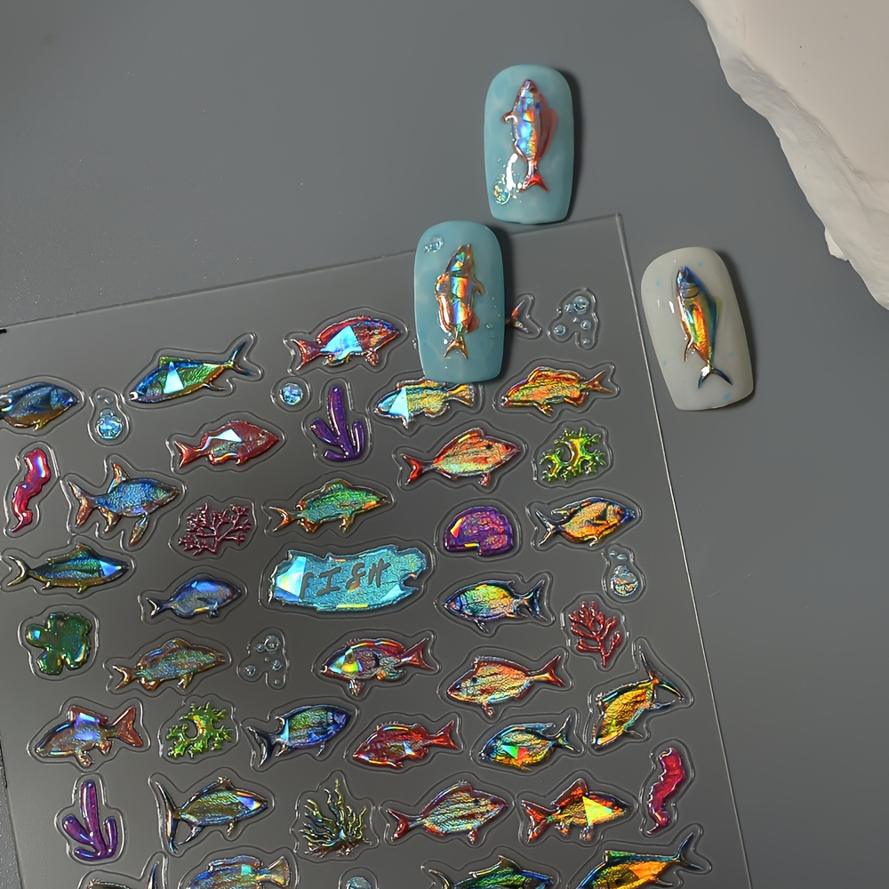 Image of Colorful Fish Nail Art Stickers Shells Creative Deep Sea Fish Nail Stickers With Self-adhesive Backing Water Decals Nail Stickers