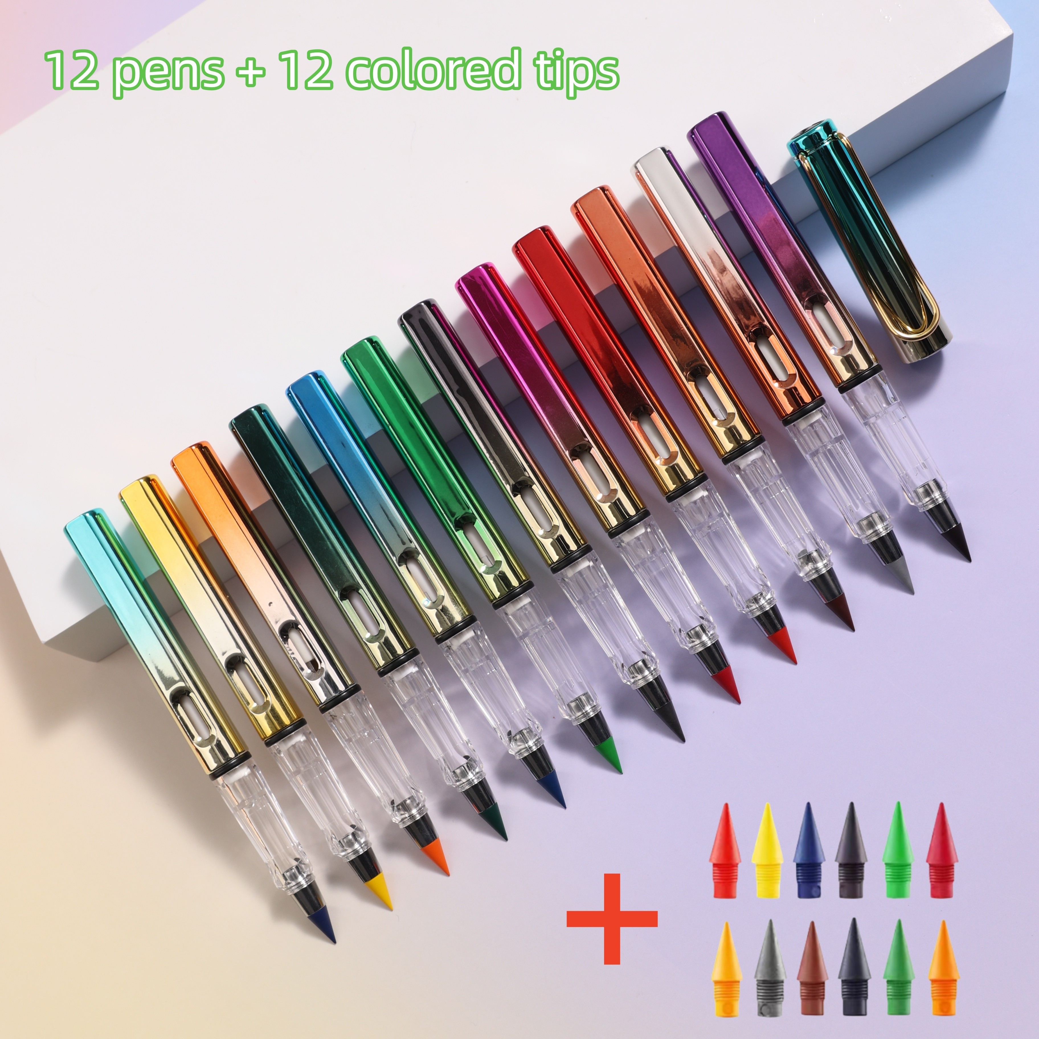 TEMU 24pcs, 12 Pens + 12 Colored Pencils, Newest Gradient Metallic Pencils, Hb Pencils, Color Pencils With Interchangeable , Drawing