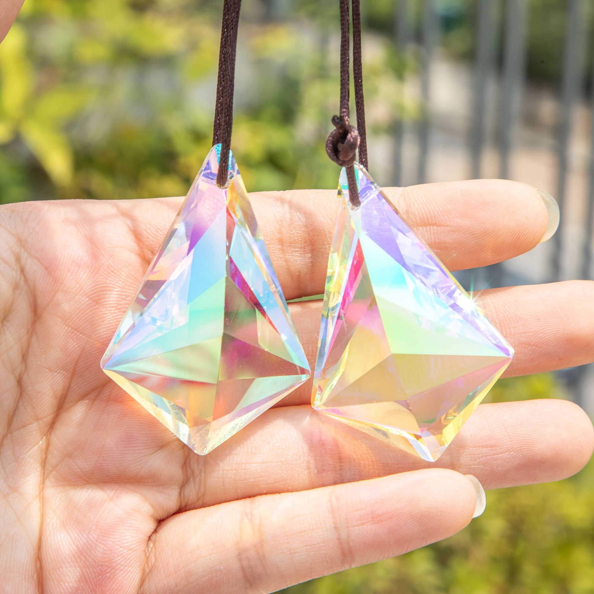 Image of 2pcs Prism Catchers, Cut Geometric Drop Hanging Suncatchers, Rainbow Makers For Windows, Balcony, Kitchen, Garden Decoration