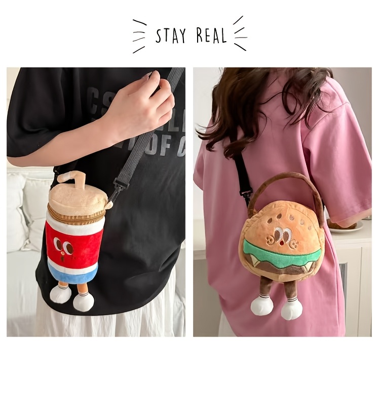 1 bolsa cruzada con tema de comida rápida con correa ajustable - Diseño de papas fritas, cola y hamburguesa, poliéster duradero, cierre de cremallera - Accesorio lindo y funcional para viajes al aire libre y almacenamiento de maquillaje para mujeres, bolso de moda