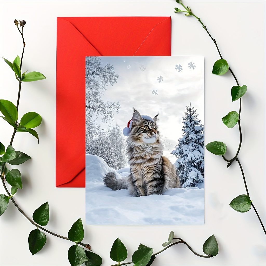 

1pc Socialchain Cat Christmas Card – Cute Santa Hat Kitten In , High-quality Greeting Card With , Gift For Family & Friends