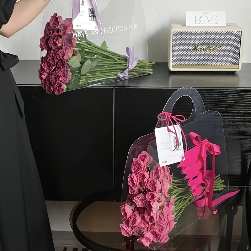 1pc Transparent PVC Plastic Floral Gift Bags, Portable Tote, for Valentine'S Day, Wedding, Birthday Bouquet, DIY Creative Carrying Gift Pouches