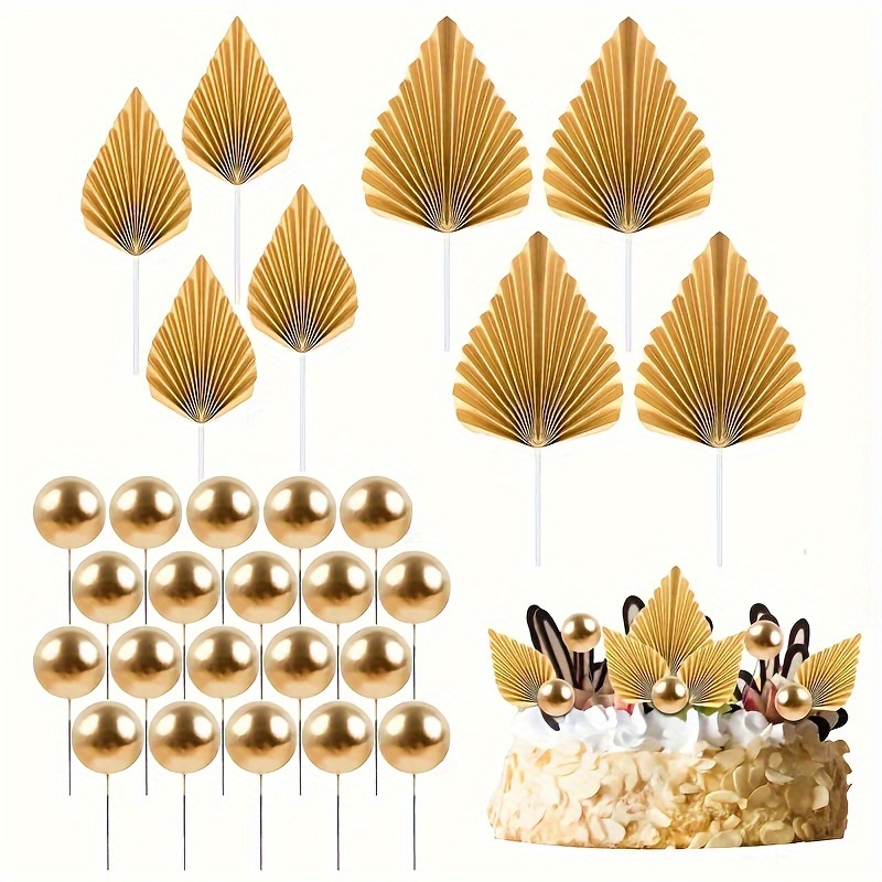 

28-piece Leaf Cake Toppers Set With 20 Golden Foam Balls And 8 Paper Palm Leaf Inserts, Polyethylene & Paper Material, No Electricity Required, Feather-free For Wedding Birthday Party Decorations