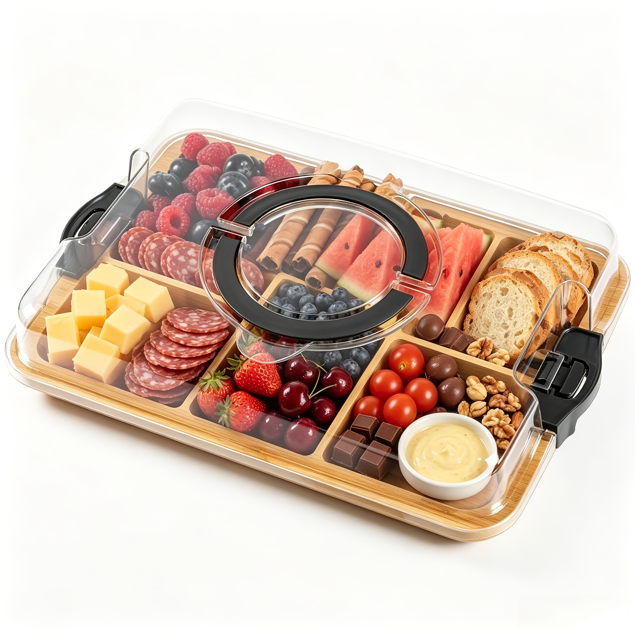 TEMU Planche à découper et plateau de service 2-en-1 en bambou avec couvercle de verrouillage transparent et poignée - Portable, convient pour