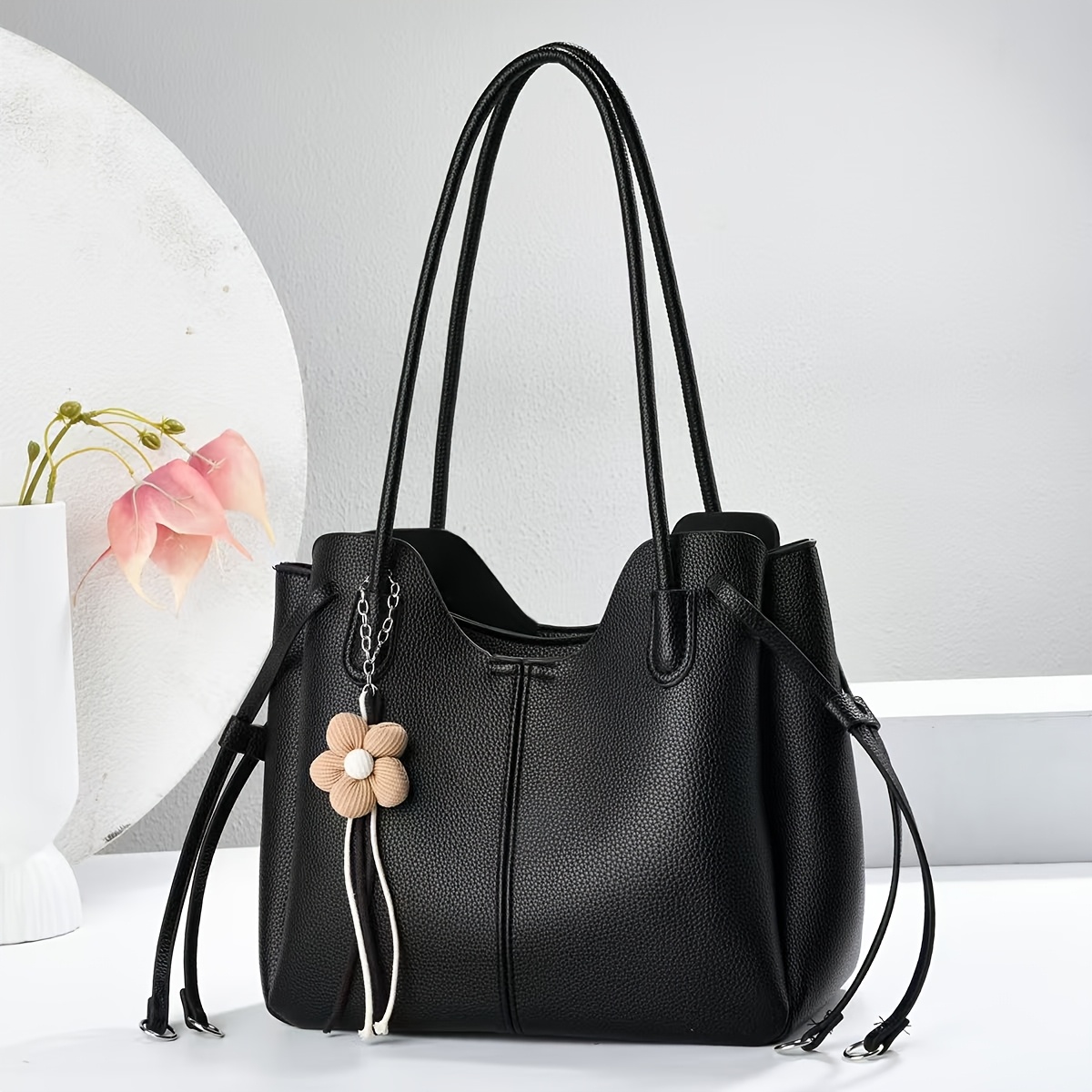TEMU Women's Pu Lychee Texture Tote Bag With 3 Flower Tassel Charm & Zipper Closure - Large Capacity Convertible Handbag/shoulder/crossbody Bag