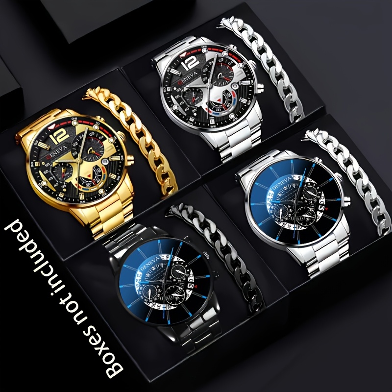 8 piezas de juego de regalo de lujo para hombres: reloj de cuarzo de acero inoxidable y pulsera - Los accesorios perfectos para negocios y ocio.