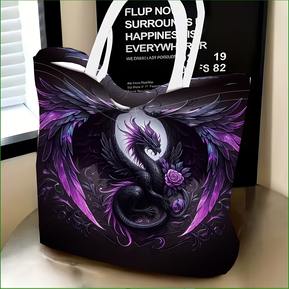 TEMU 1pc Exquisite Shoulder Bag, Black Dragon And Purple Rose Pattern Women' Shoulder Bag, Multifunctional, Handbag, Clutch, Evening Bag, Travel